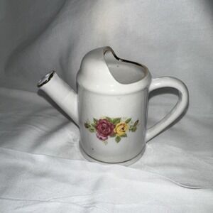 Vintage Porcelain Mini Watering Can Hand Painted White With red and yellow roses